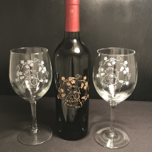 Wine Glasses, Wine Bottle sand carved hand painted