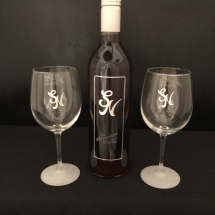  Wine Glasses, Wine Bottle sand carved hand painted